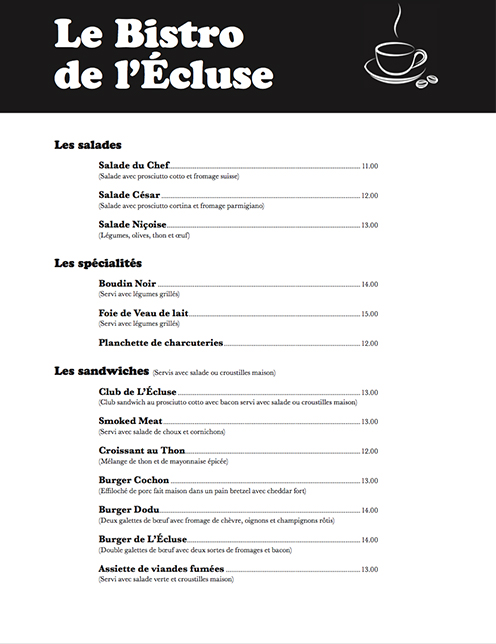 Menus Bistro de l'écluse, Saint-Lambert